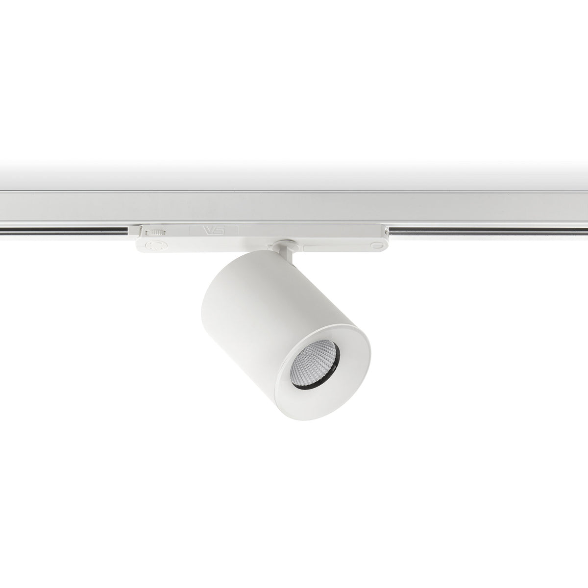 Vue produit de face, spot blanc sur rail, corps cylindrique orientable, diffuseur LED visible
