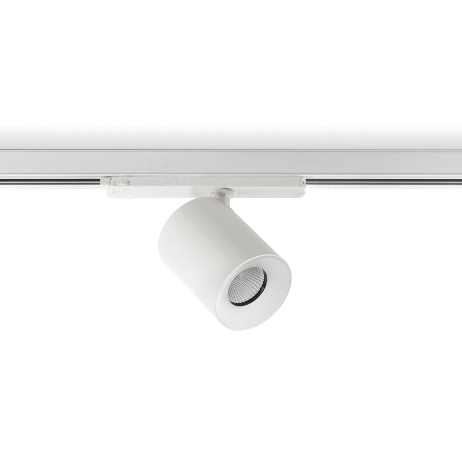Vue produit de face, spot blanc sur rail, corps cylindrique orientable, diffuseur LED visible