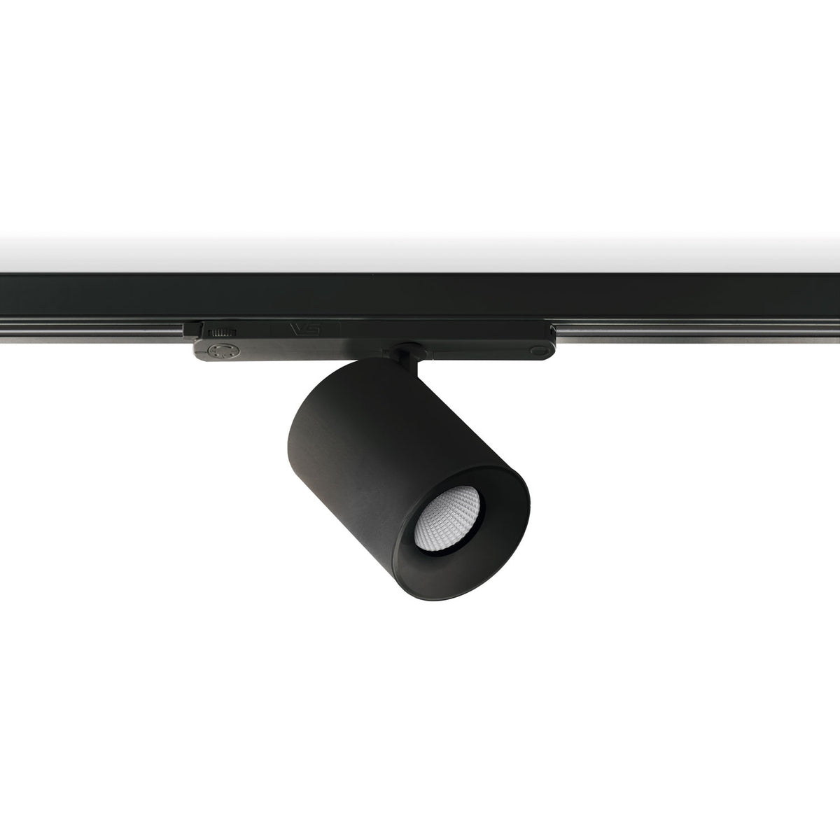 Spot noir sur rail, corps cylindrique mat et diffuseur LED strié en gros plan