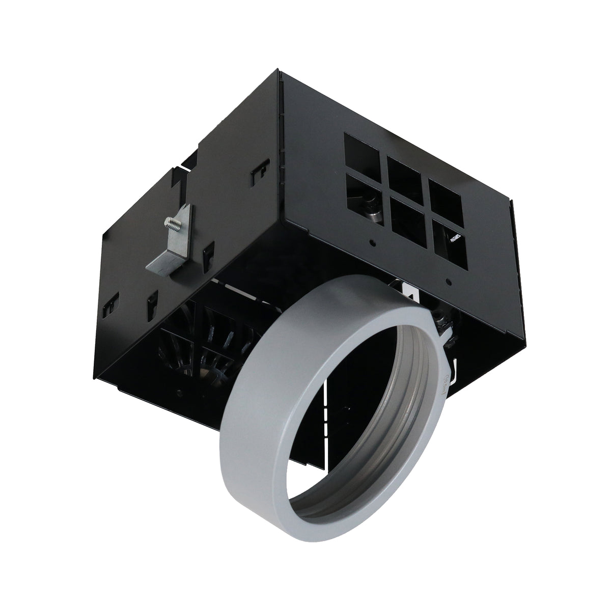 Spot encastrable orientable à bague grise, présenté de trois quarts sur fond blanc.