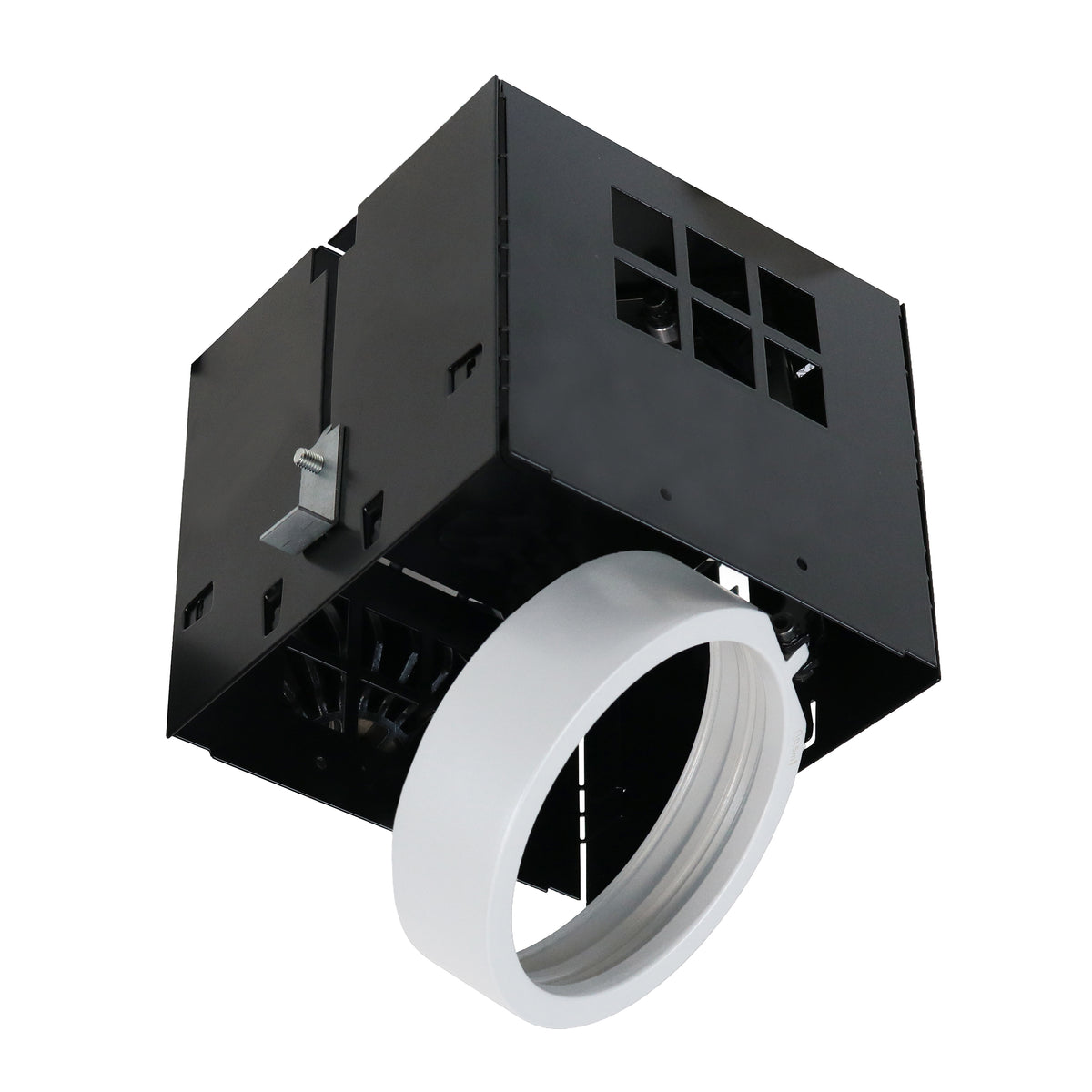 Spot encastrable orientable blanc vu de trois quarts, boîtier noir et bague circulaire.