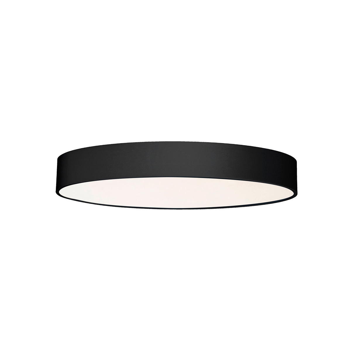 Version noire du plafonnier rond, cerclage mat et large diffuseur blanc laiteux.