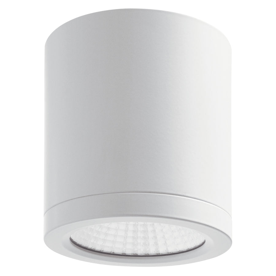 Spot cylindrique blanc de face, finition mate et diffuseur LED en partie basse.