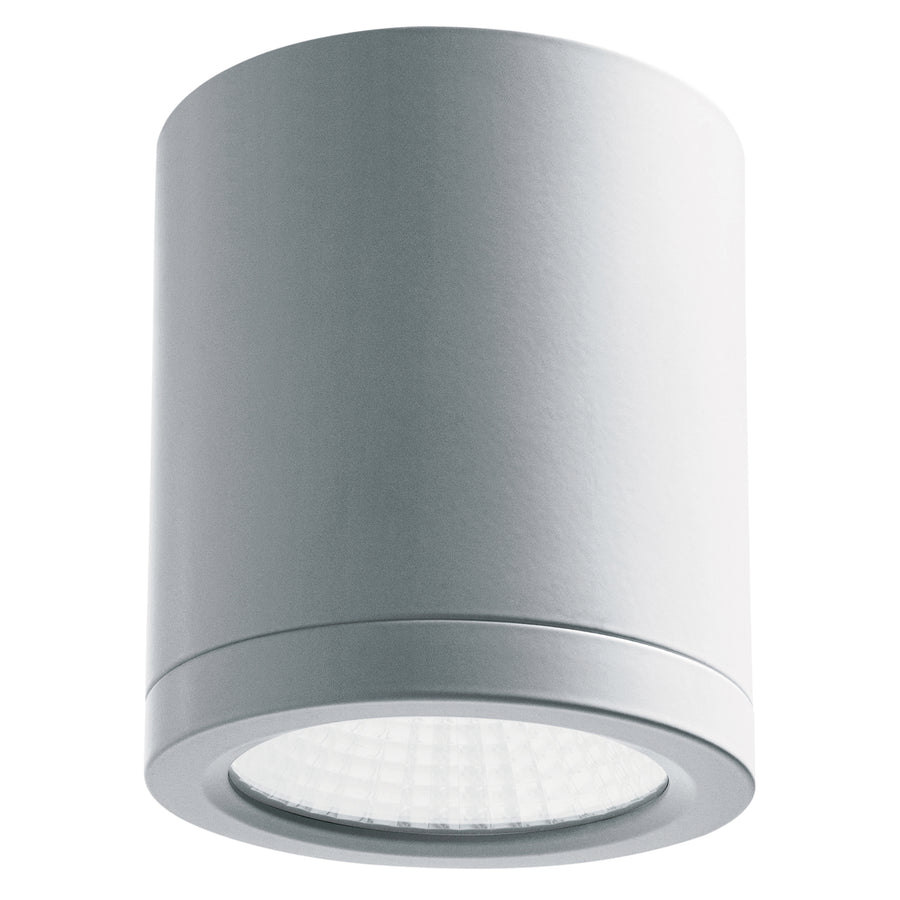 Vue de face du spot gris clair, cylindre lisse et lentille LED striée.