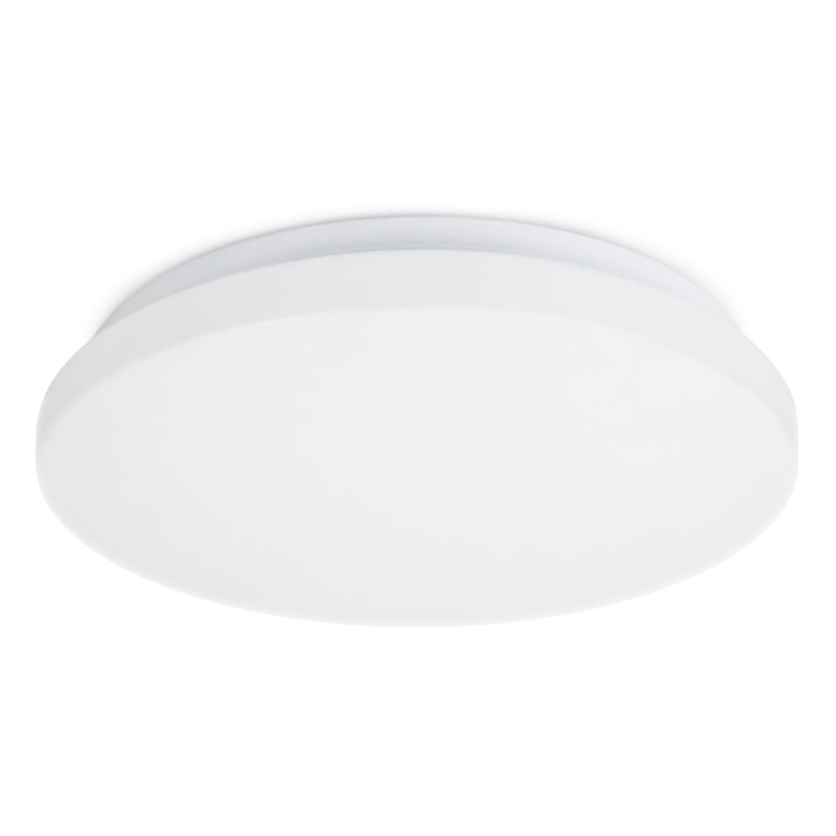 Vue de face du luminaire blanc rond, diffuseur opale et finition lisse.