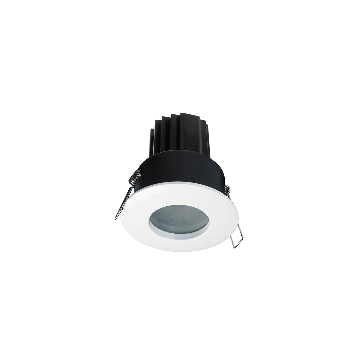 Spot encastrable rond blanc vu de trois quarts avec ailettes noires et clips