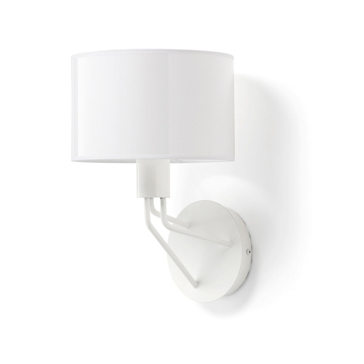 Vue de face de l'applique blanche avec abat-jour cylindrique et bras en diagonale