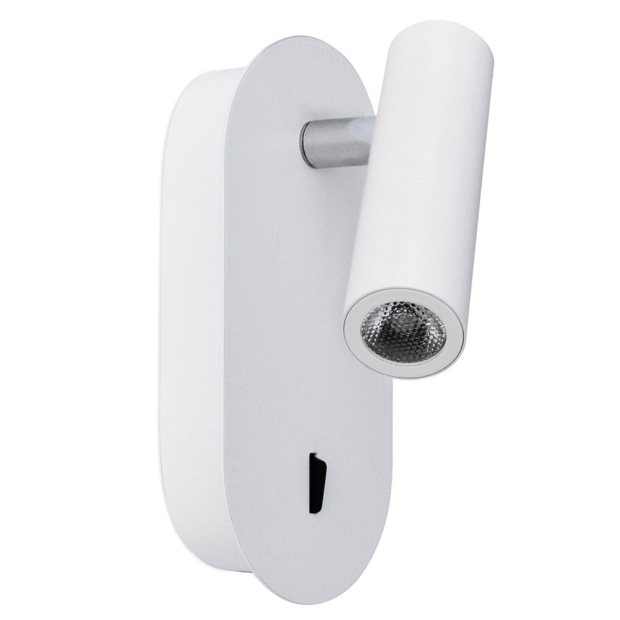 Applique murale blanche mate, vue de trois quarts, tête cylindrique orientable sur fond blanc.
