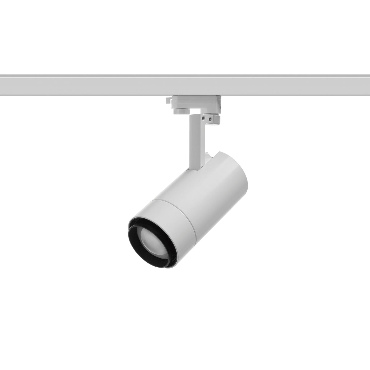 Spot blanc cylindrique orientable fixé sur un rail blanc, vue de trois quarts.