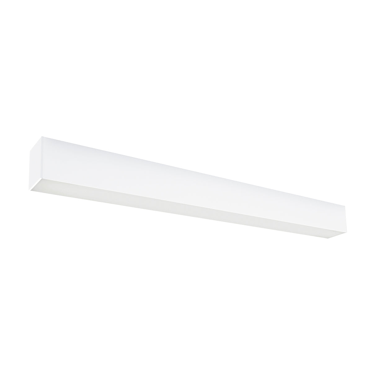 Vue en perspective du plafonnier linéaire blanc, profil rectangulaire fin et épuré.