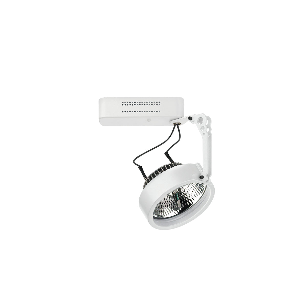 Spot blanc orientable fixé sur platine rectangulaire, tête cylindrique et réflecteur strié.