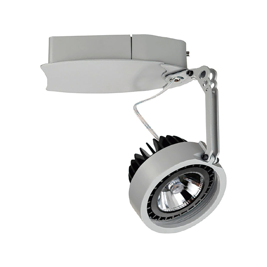 Spot blanc orientable présenté de trois quarts, finition mate et bras réglable