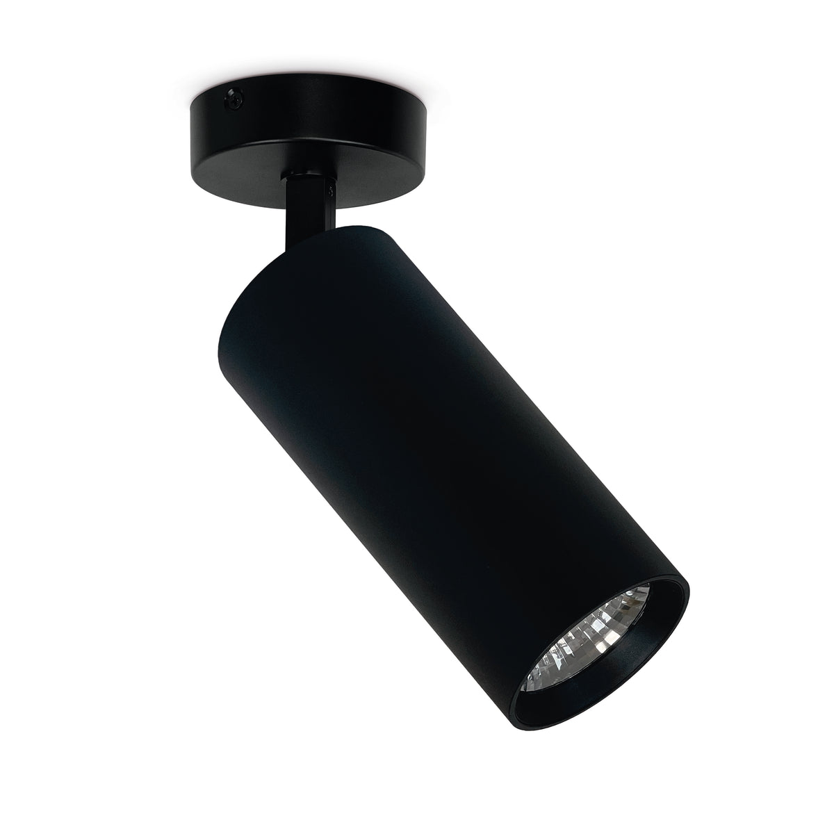 Spot en saillie noir mat orientable, cylindre et embase ronde fixés au plafond