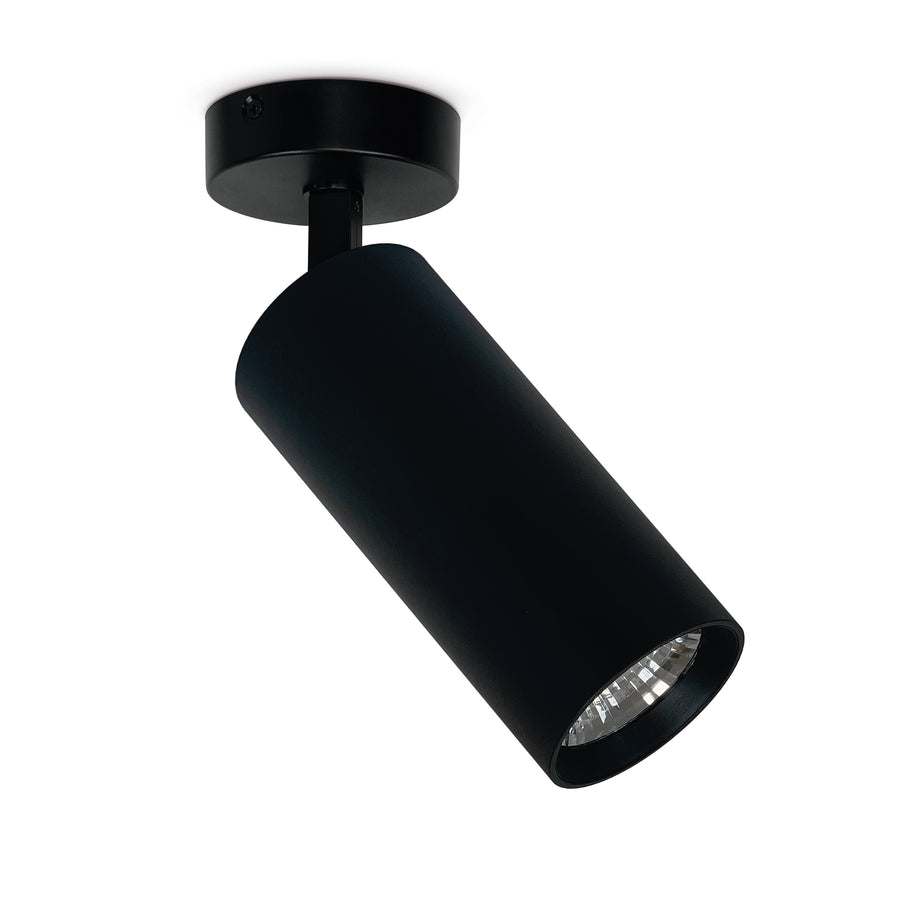 Spot en saillie noir mat orientable, cylindre et embase ronde fixés au plafond