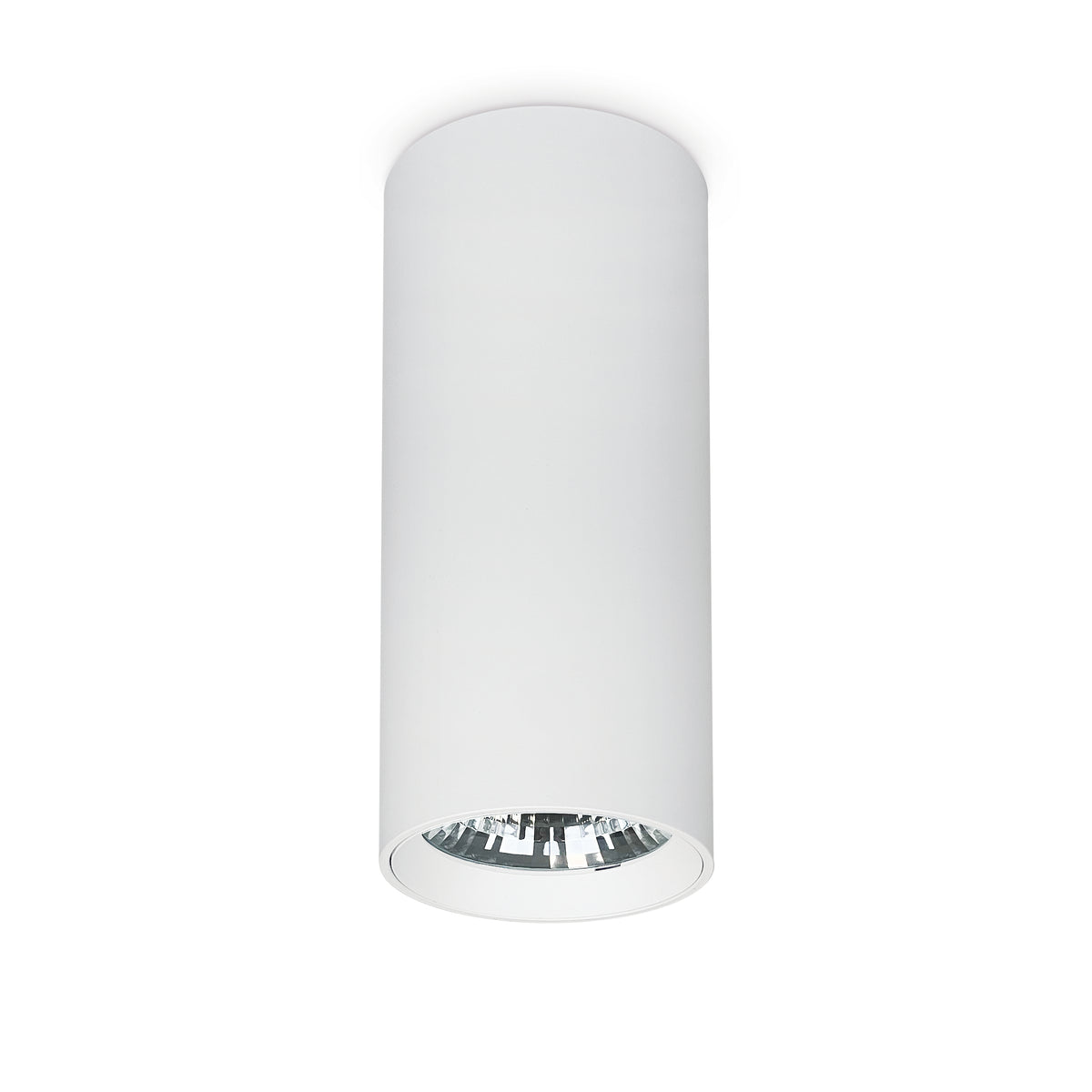 Spot cylindrique blanc en saillie, vu de face avec réflecteur LED intégré.
