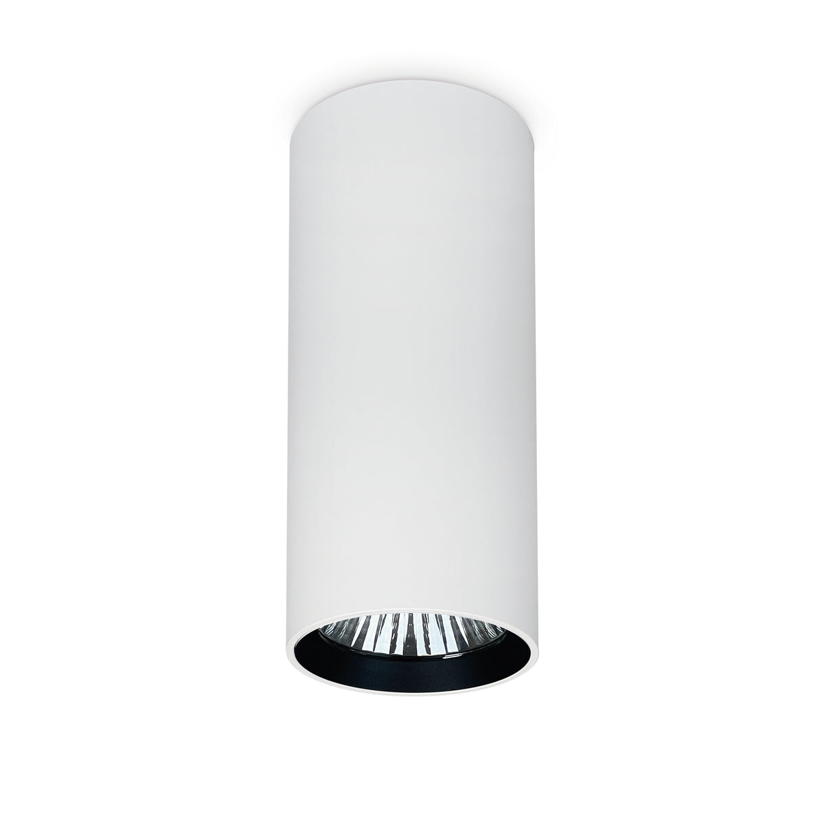 Spot blanc à collerette noire, finition mate et diffuseur LED au centre.