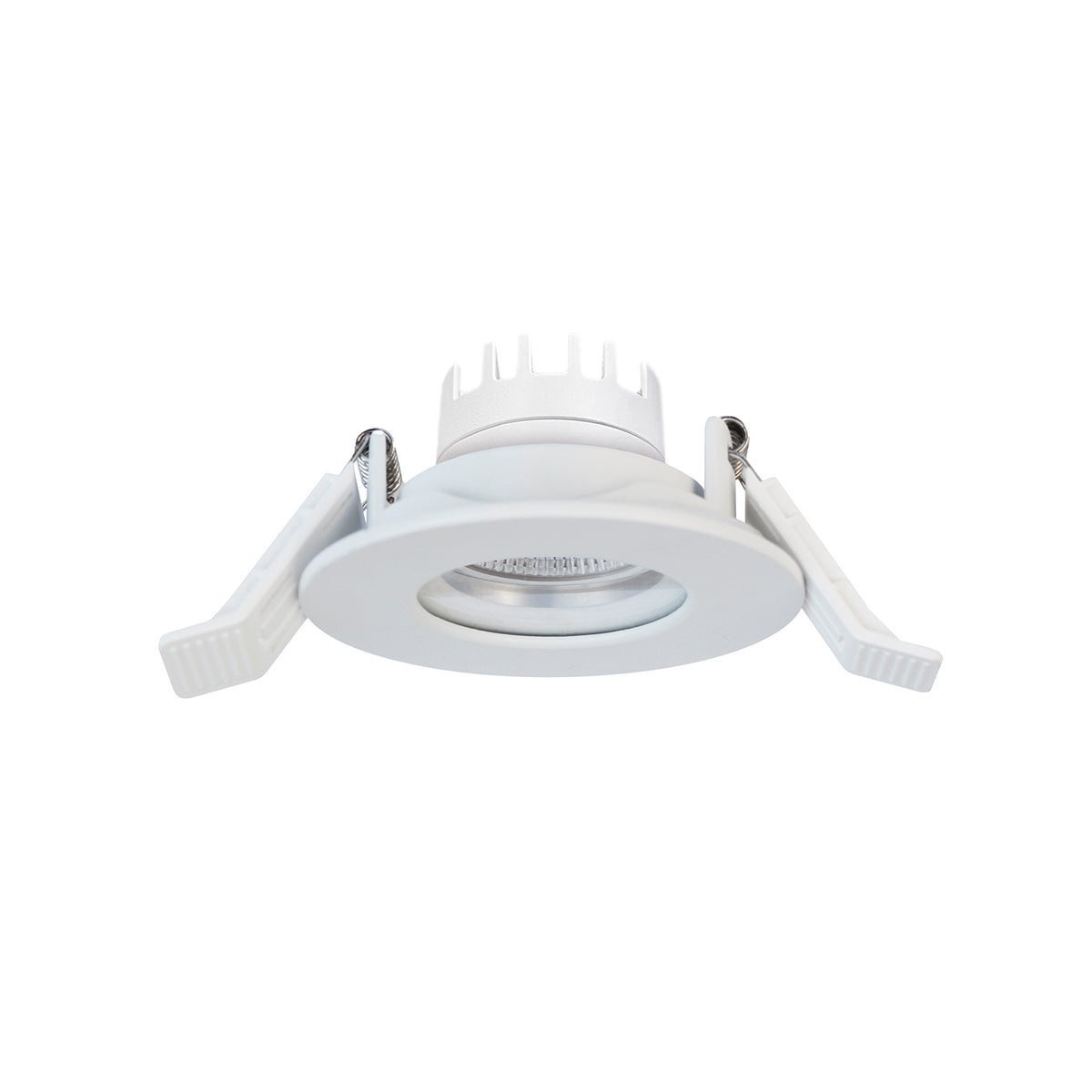 Spot LED encastrable blanc rond vu de face, avec ressorts de fixation latéraux