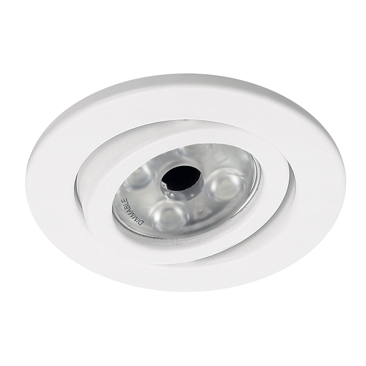 Spot encastrable blanc orientable vu de face, avec réflecteur et mention Dimmable.