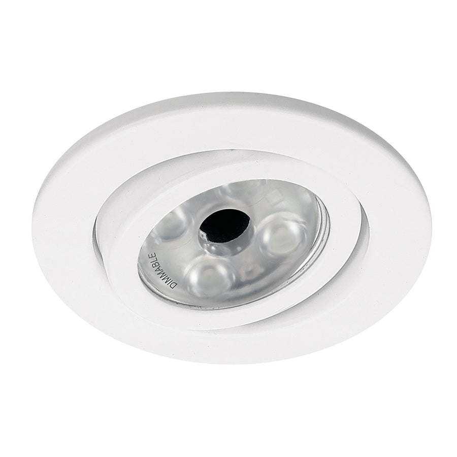 Vue de face du spot blanc rond avec réflecteur intérieur argenté et mention DIMMABLE.