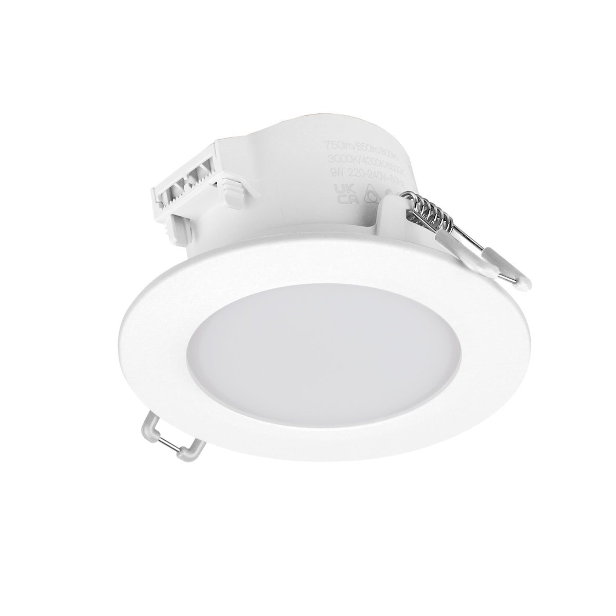 Spot encastrable blanc vu de trois quarts, avec ressorts de fixation et boîtier LED intégré.