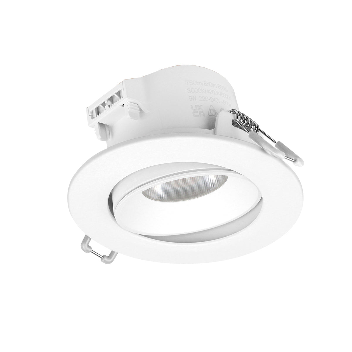 Spot encastrable blanc orientable vu de face avec collerette ronde et ressorts de fixation