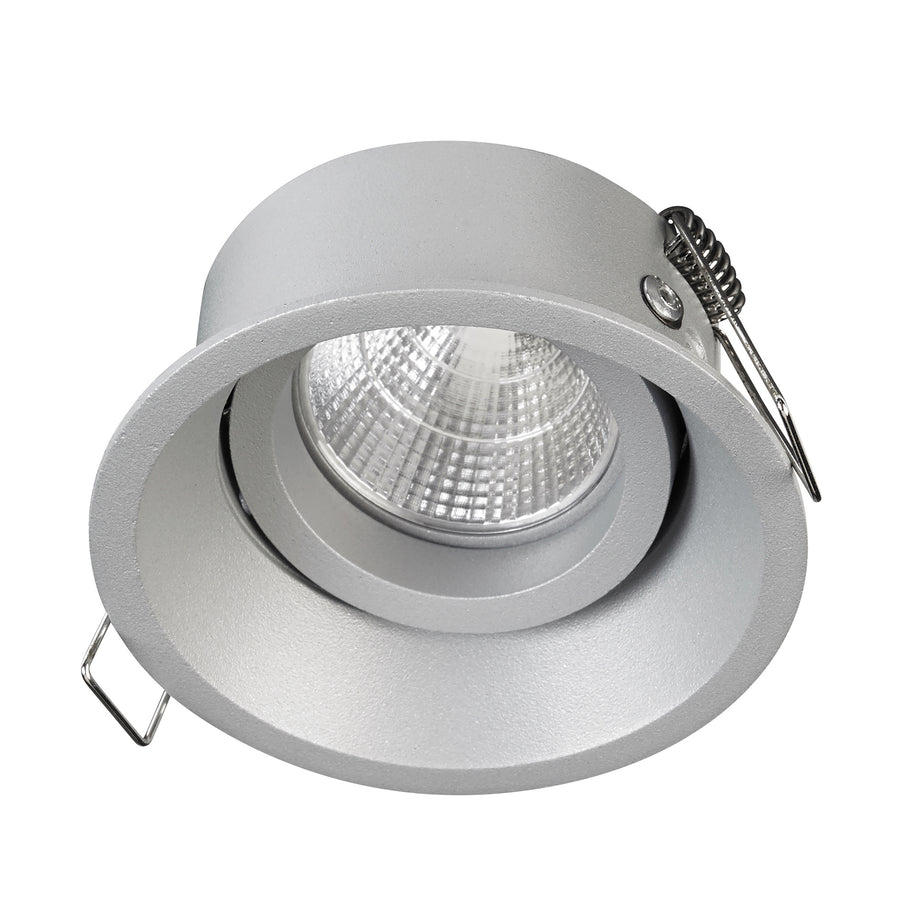 Version argentée du spot, montrant collerette, réflecteur et ressorts de fixation latéraux.