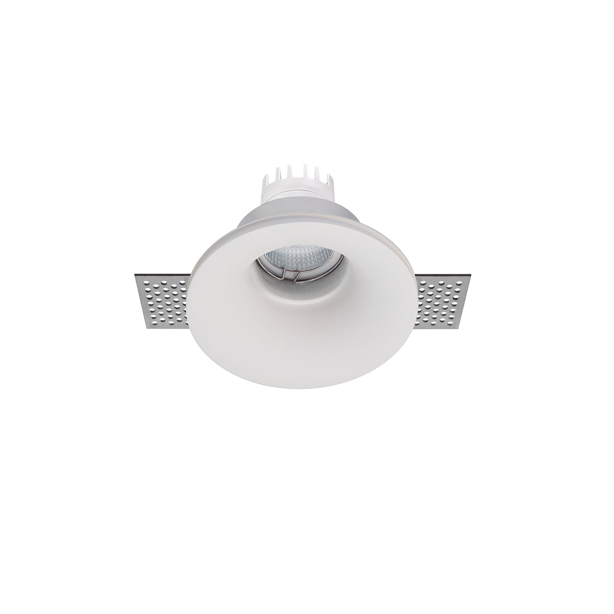 Spot encastrable blanc vu de dessous, collerette ronde et diffuseur central