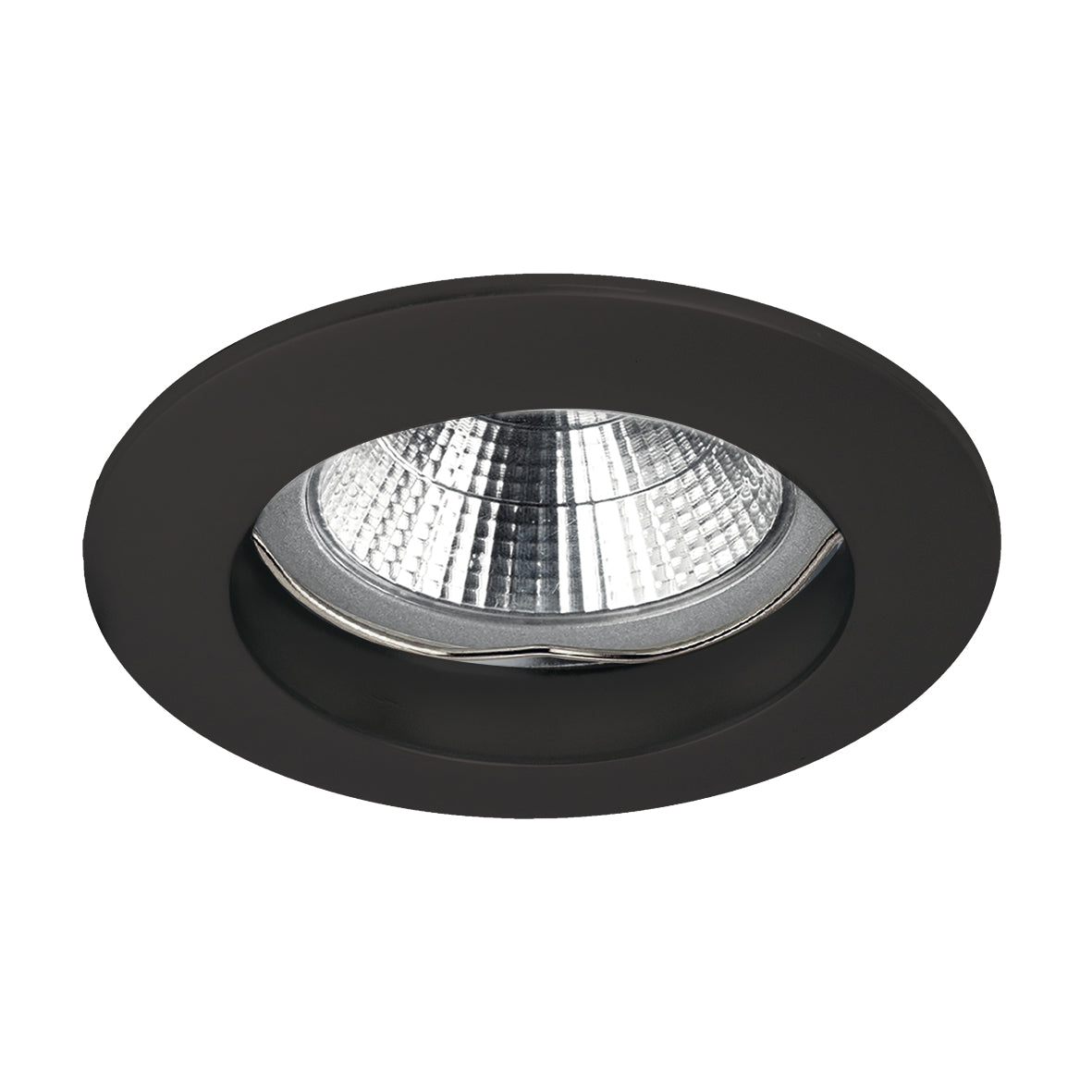 Spot encastrable rond noir mat, vue frontale sur fond blanc.
