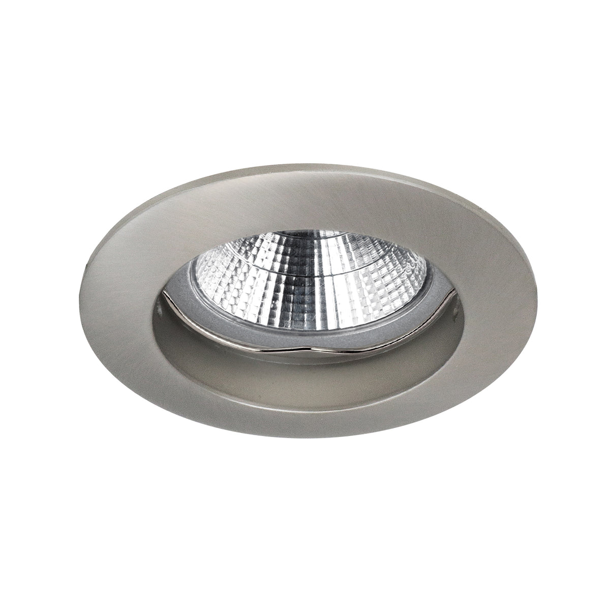 Spot encastrable rond gris anthracite vu de face, collerette et réflecteur visibles.