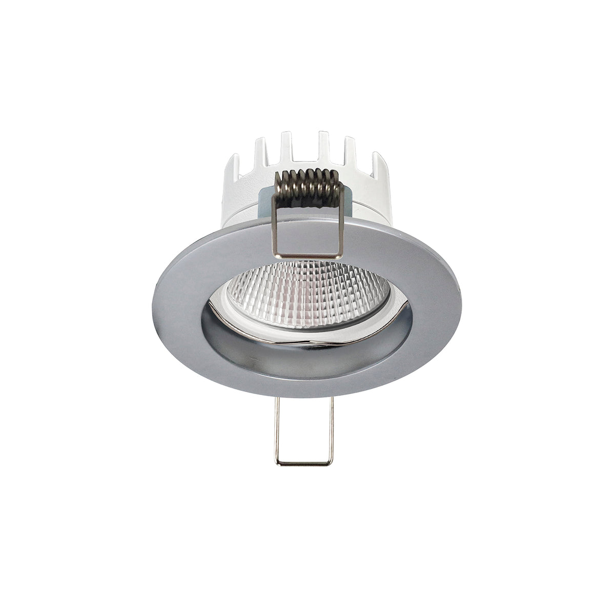 Spot encastrable rond gris vu de trois quarts avec clips de fixation apparents