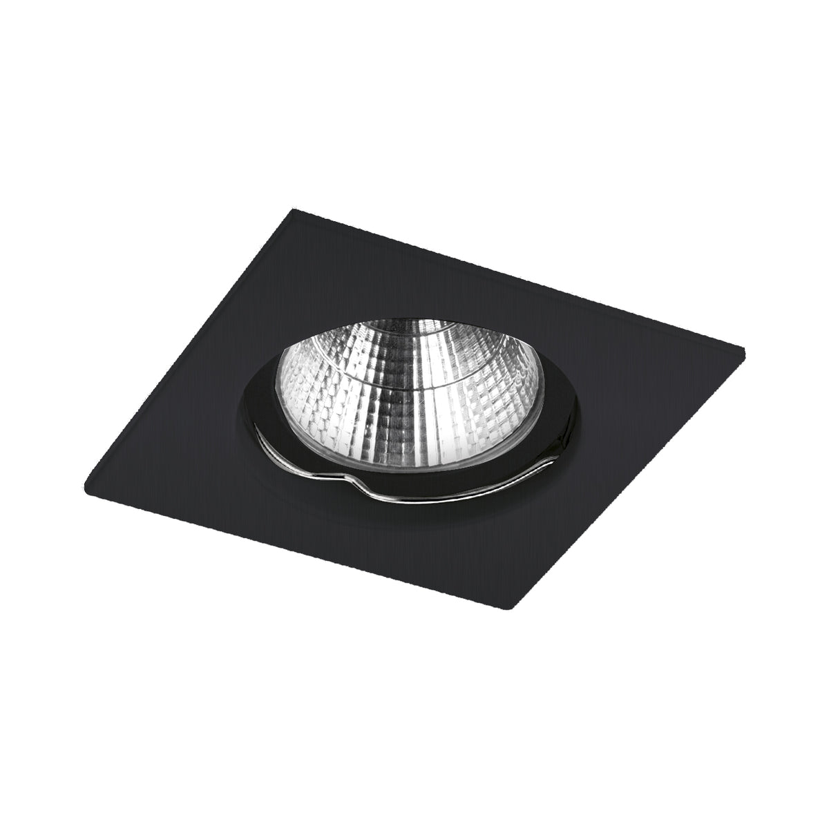 Spot carré noir présenté en angle, réflecteur métallique strié et finition mate contrastée.