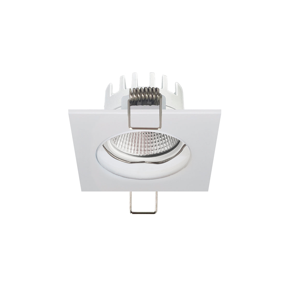 Spot LED encastrable carré blanc vu de face avec lentille et ressorts