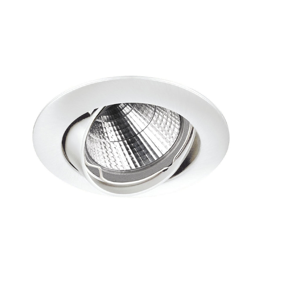 Spot encastrable orientable blanc vu de face, collerette ronde et réflecteur strié.