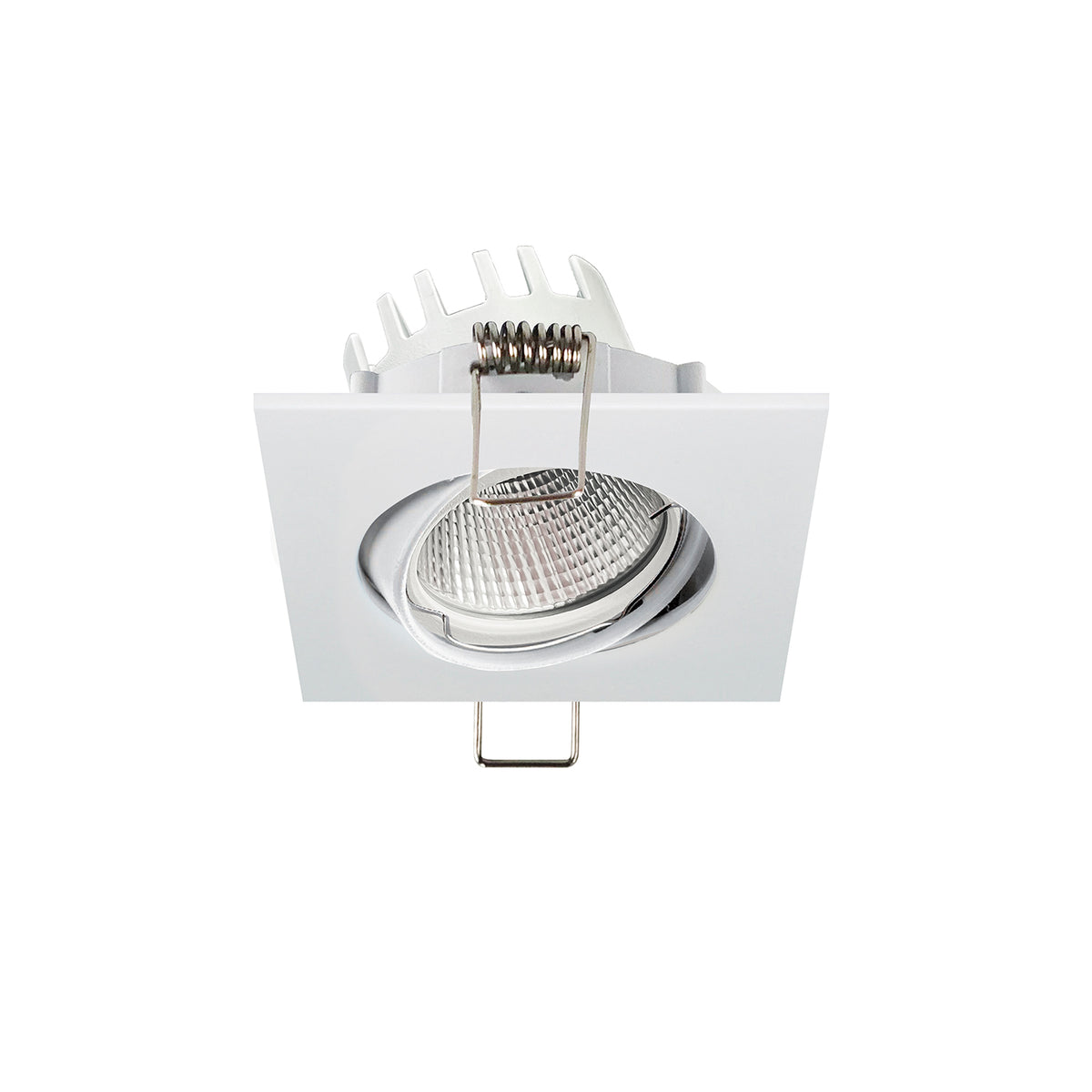 Spot encastrable carré blanc orientable, ressorts de fixation et dissipateur visibles