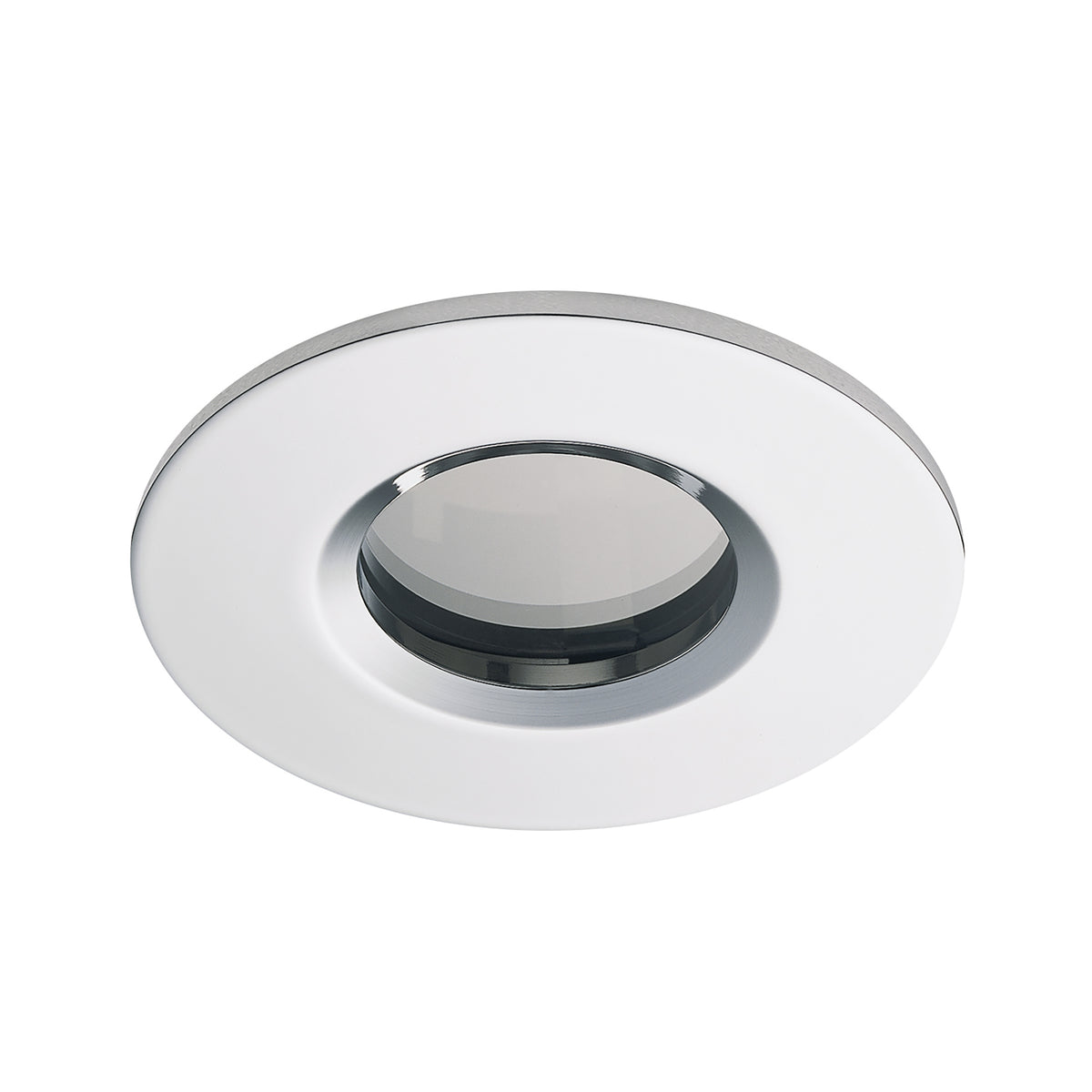 Spot encastrable rond blanc, liseré chromé et verre central légèrement bombé.