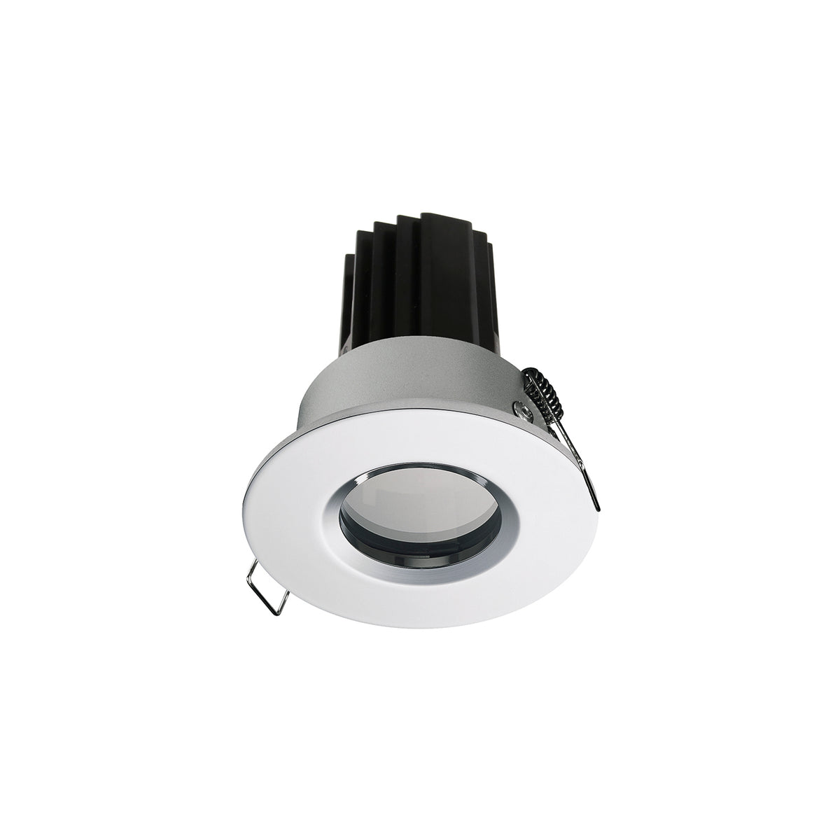 Spot encastrable rond vu de trois quarts, collerette blanche et dissipateur noir.