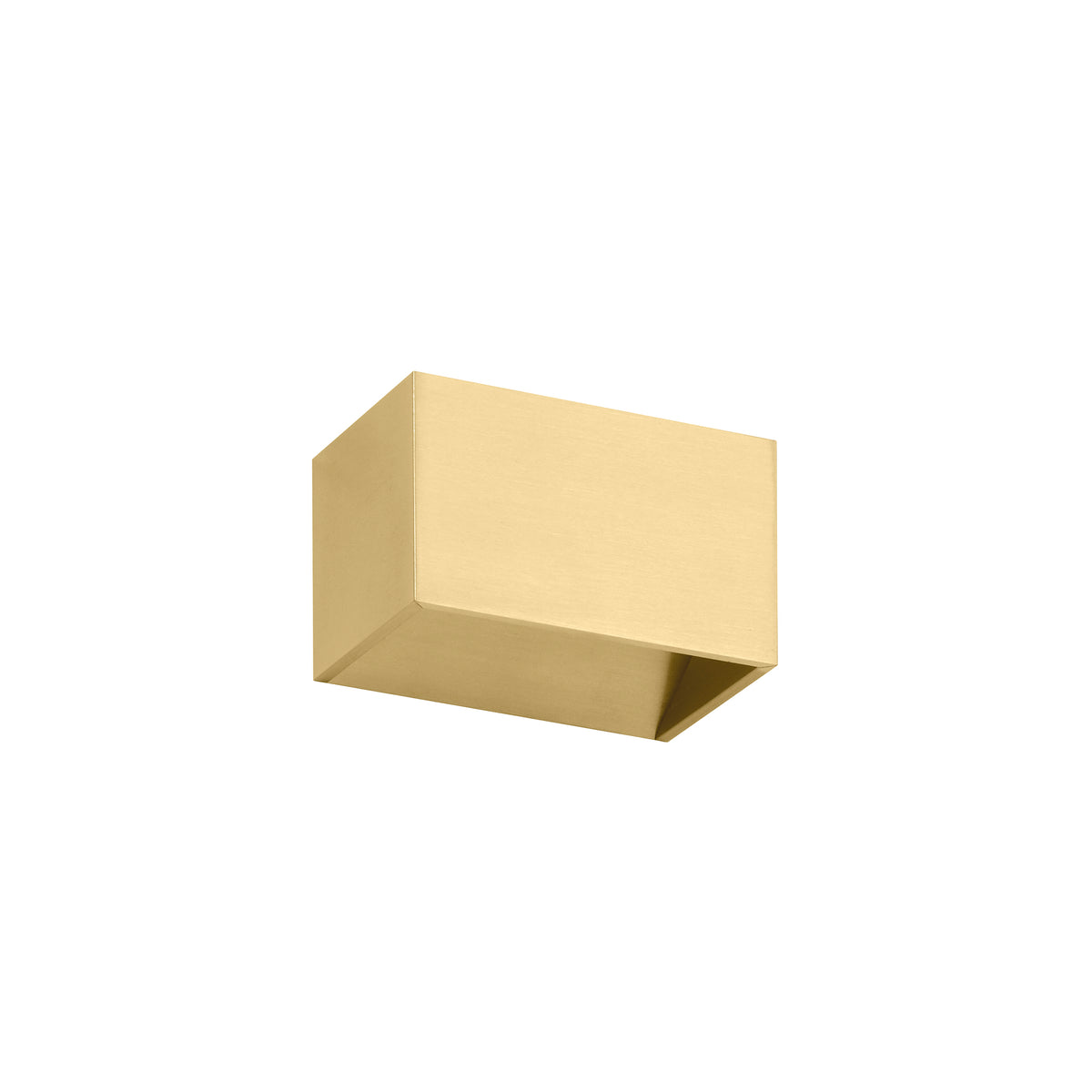 Vue de face de l'applique murale dorée, boîtier rectangulaire en métal brossé