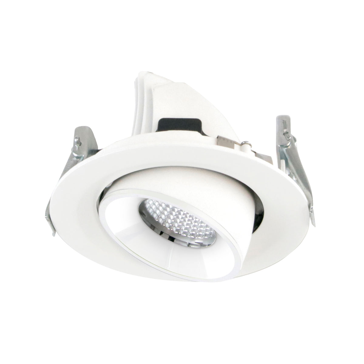 Spot encastrable blanc orientable vu de face, collerette ronde et lentille LED.