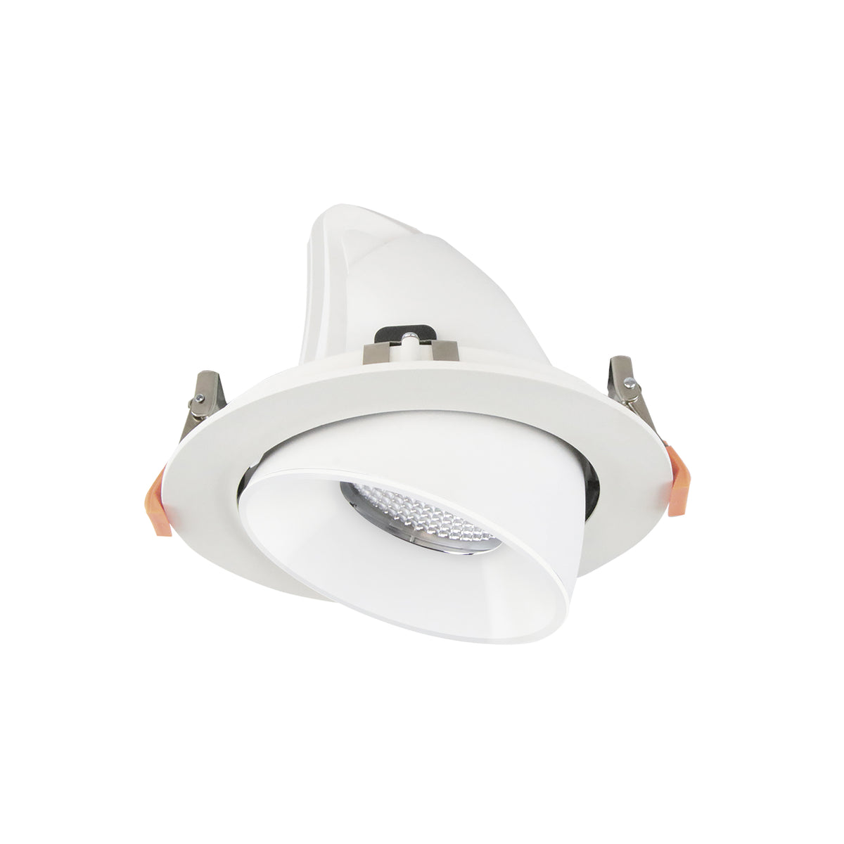 Spot encastrable blanc orientable vu de face, collerette ronde et ressorts de fixation.