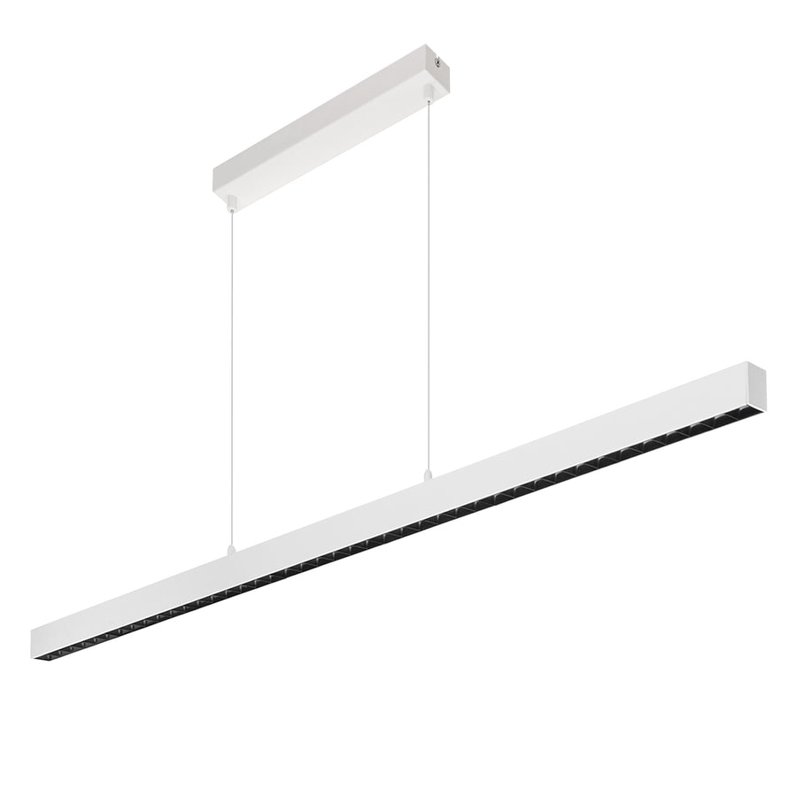 Détail du dessous blanc avec grille alvéolaire noire intégrée au luminaire.