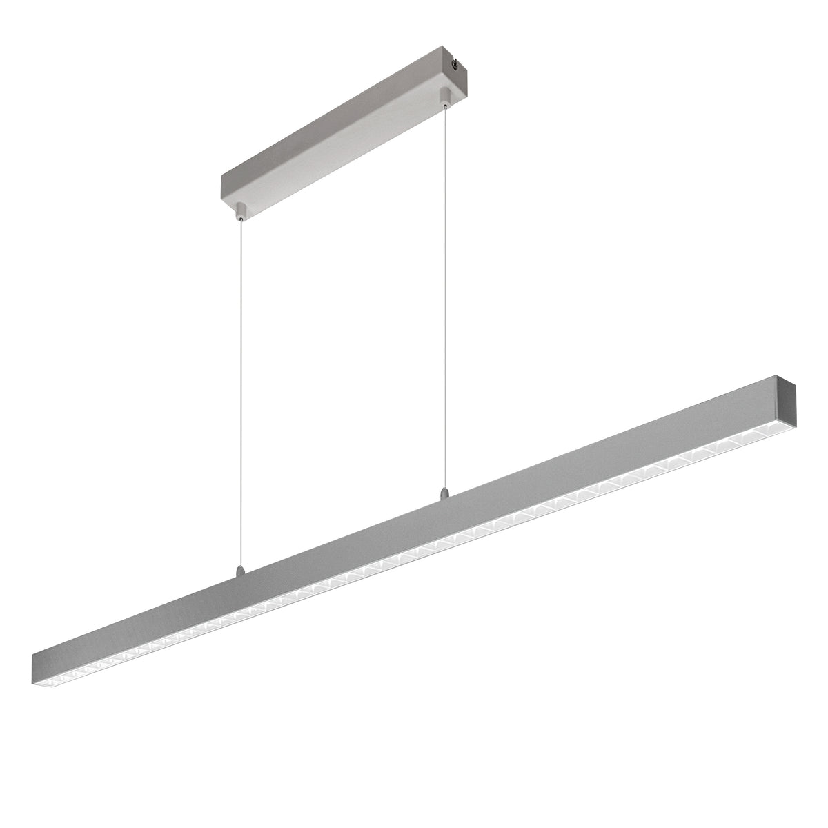 Version gris clair de la suspension linéaire, présentée en perspective sur fond neutre.