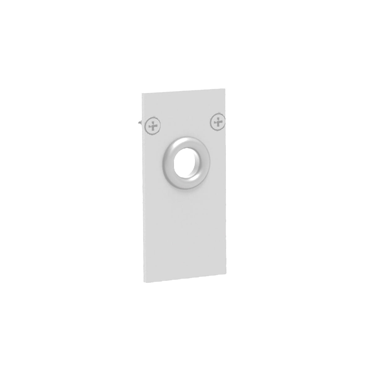 Embout blanc pour rail 48 V, vue de face avec deux vis et passage de câble.