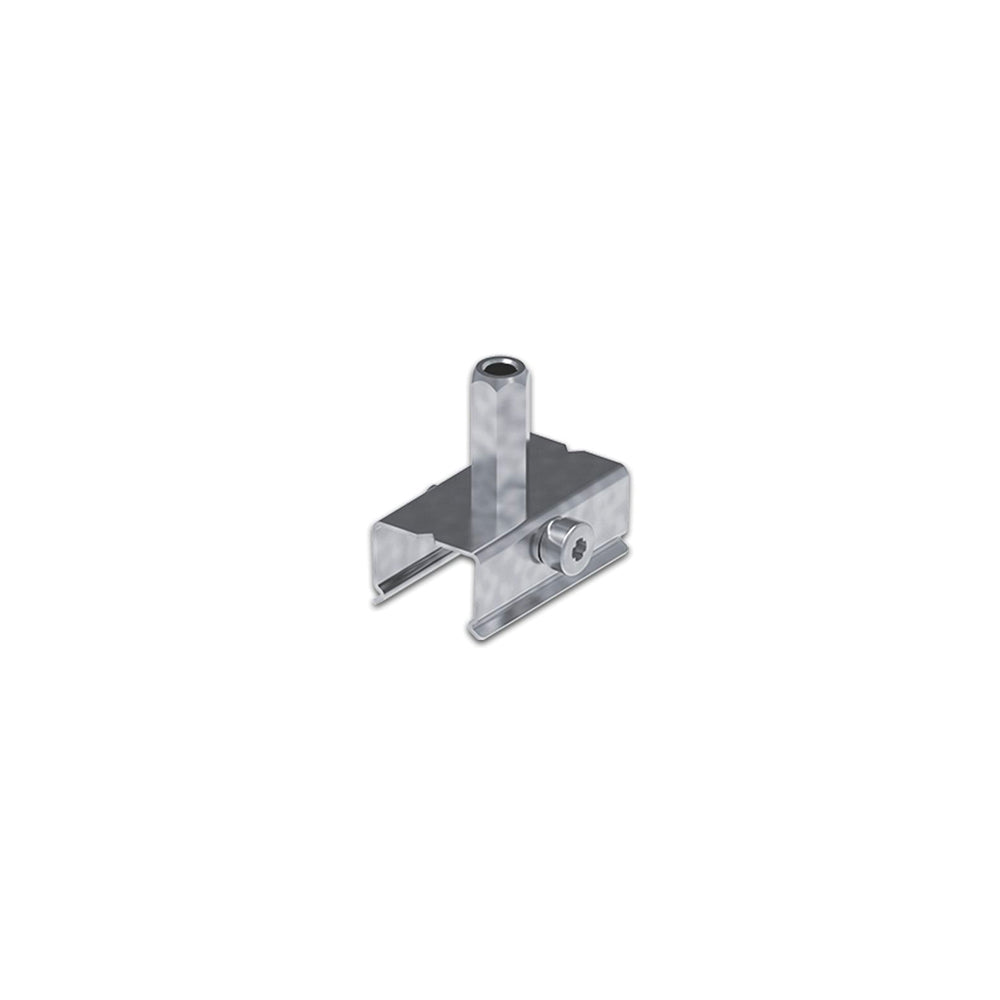 Accessoire métallique de suspension pour rail, avec vis et tige filetée verticale.