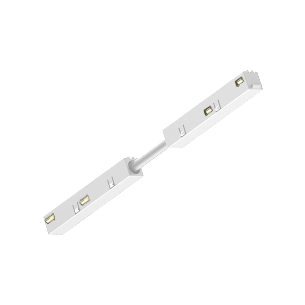 Jonction flexible blanche pour rail 48 V, vue de trois quarts sur fond blanc.