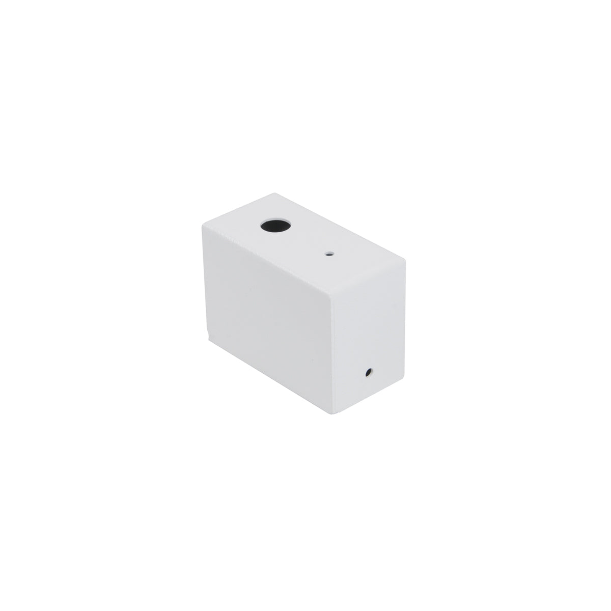Boîtier de connexion blanc rectangulaire pour rail 48 V, vu de trois quarts.