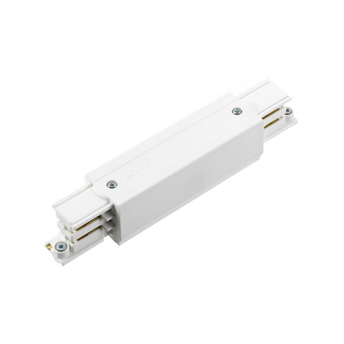 Alimentation blanche pour rail triphasé, vue de face sur fond blanc.