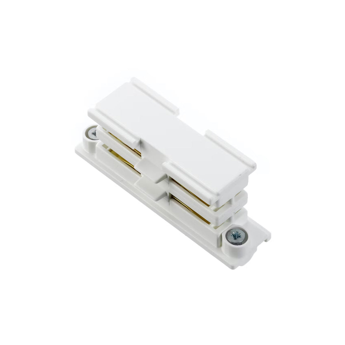 Jonction blanche pour rail triphasé, vue rapprochée sur les contacts et les vis.