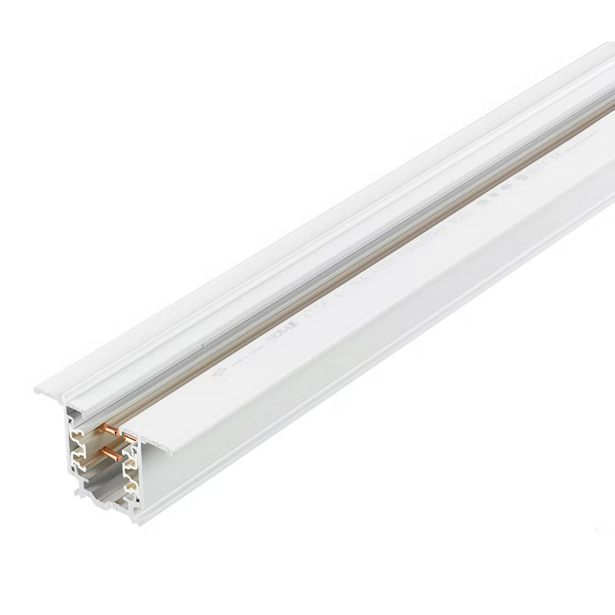 Rail d'éclairage triphasé encastré blanc, profilé vu en perspective avec connecteurs internes.