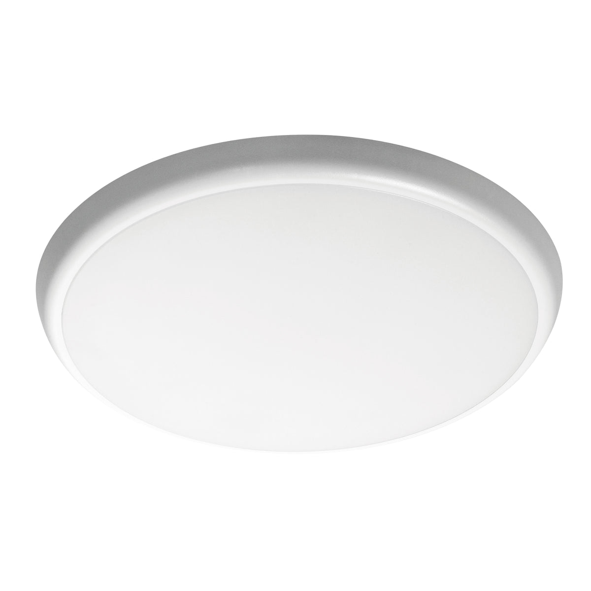 Plafonnier rond blanc à bord gris, présenté de face sur fond blanc.