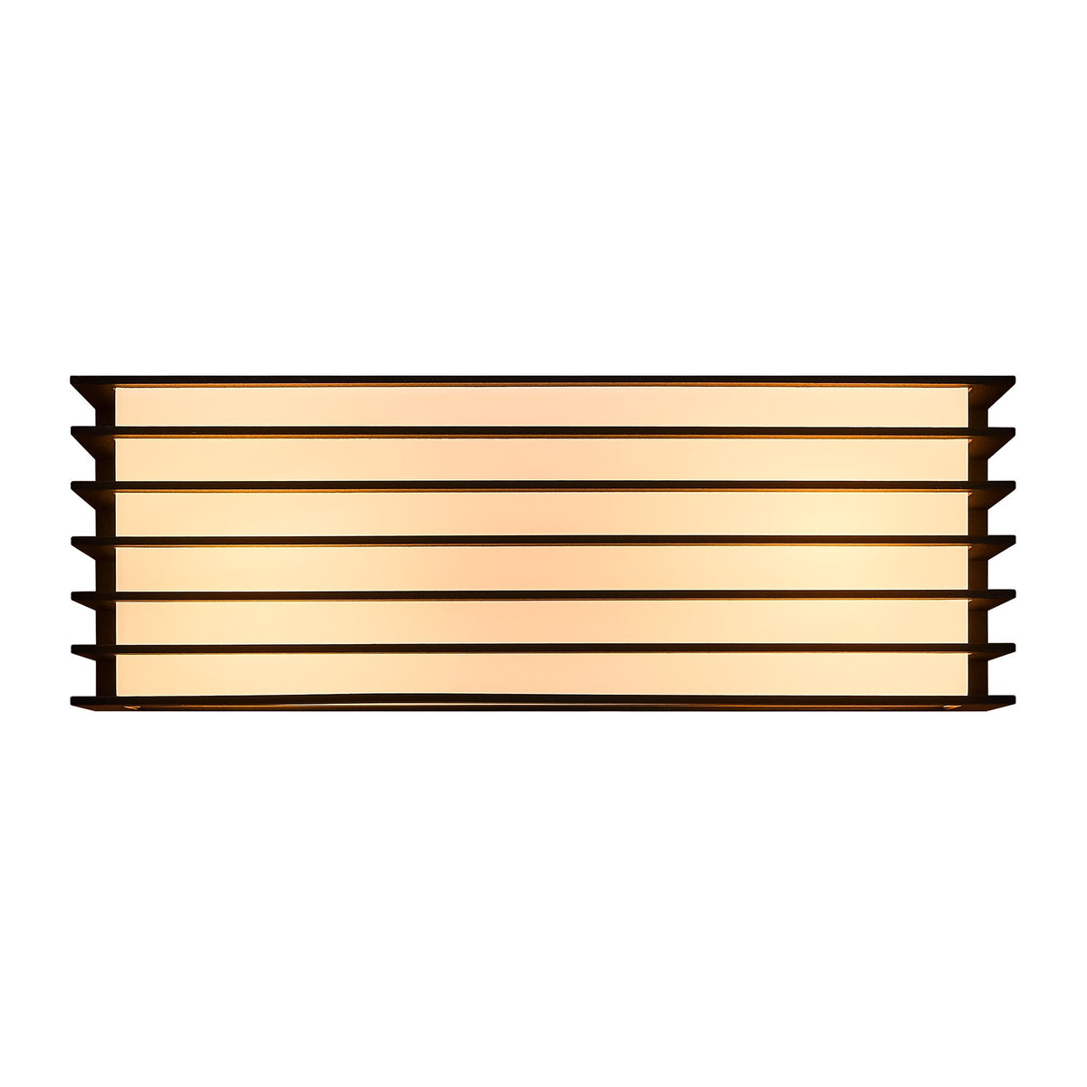 Vue frontale de l'applique rectangulaire noire avec six lattes horizontales et diffuseur lumineux.